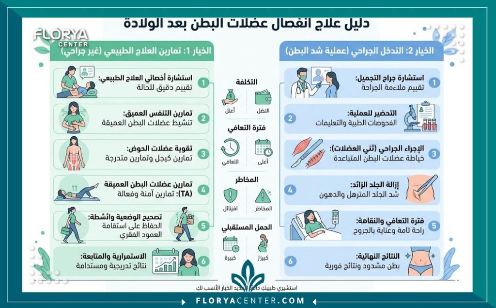 علاج الانفصال العضلي للبطن بعد الولادة 3 إنفوجرافيك يوضح طرق علاج الانفصال العضلي للبطن بعد الولادة والاختيار بين العلاج الطبيعي والتدخل الجراحي.