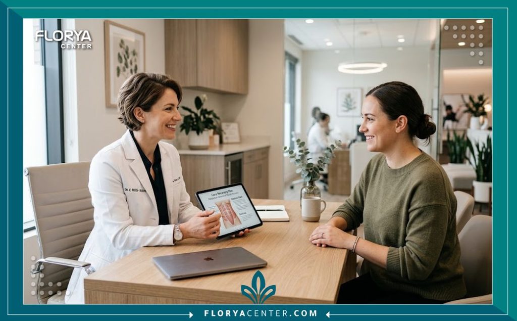 علاج الانفصال العضلي للبطن بعد الولادة 4 استشارة طبية في عيادة تجميل حديثة لمناقشة خيارات جراحة شد البطن وضم عضلات البطن المتباعدة.