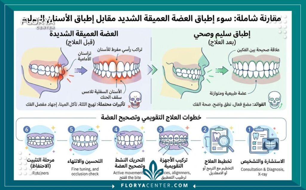 إنفوجرافيك طبي يقارن بين إطباق الأسنان الطبيعي وحالة العضة العميقة قبل وبعد خطوات العلاج التقويمي.