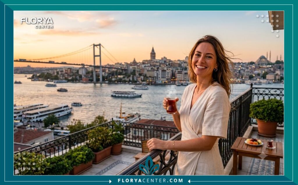 السياحة العلاجية في تركيا: مريض يستمتع بوقته أمام جسر البوسفور في إسطنبول بعد رحلة علاج العضة المعكوسة.