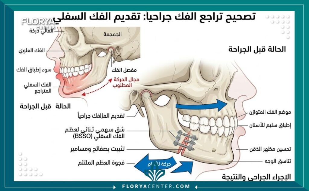 رسم توضيحي طبي يوضح تشريح الوجه وعملية تقديم الفك السفلي لعلاج تراجع الذقن.