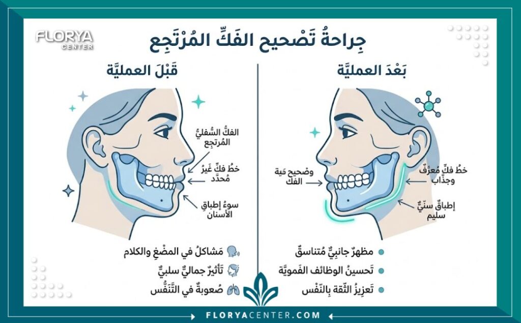 إنفوجرافيك يقارن بين شكل الوجه قبل وبعد عملية جراحة الفك المتراجع وتجميل البروفايل.