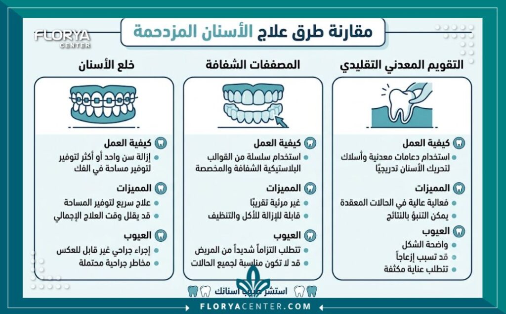 علاج تراكب الاسنان في تركيا 3 إنفوجرافيك يوضح مقارنة بين طرق علاج تراكب الاسنان في تركيا المختلفة مثل التقويم الشفاف، التقويم المعدني، والخلع.