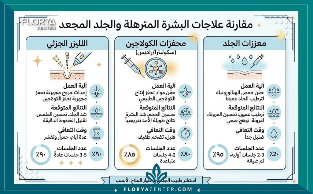 علاج ترهل الجلد الرقيق 3 إنفوجرافيك يوضح مقارنة بين طرق علاج ترهل الجلد الرقيق باستخدام الليزر وحقن محفزات الكولاجين.