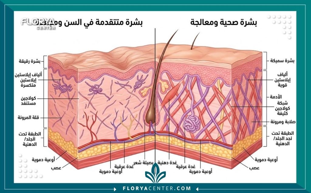 علاج ترهل الجلد الرقيق 2 رسم توضيحي طبي لطبقات الجلد يقارن بين الجلد الرقيق المترهل والجلد الصحي بعد تحفيز الكولاجين.