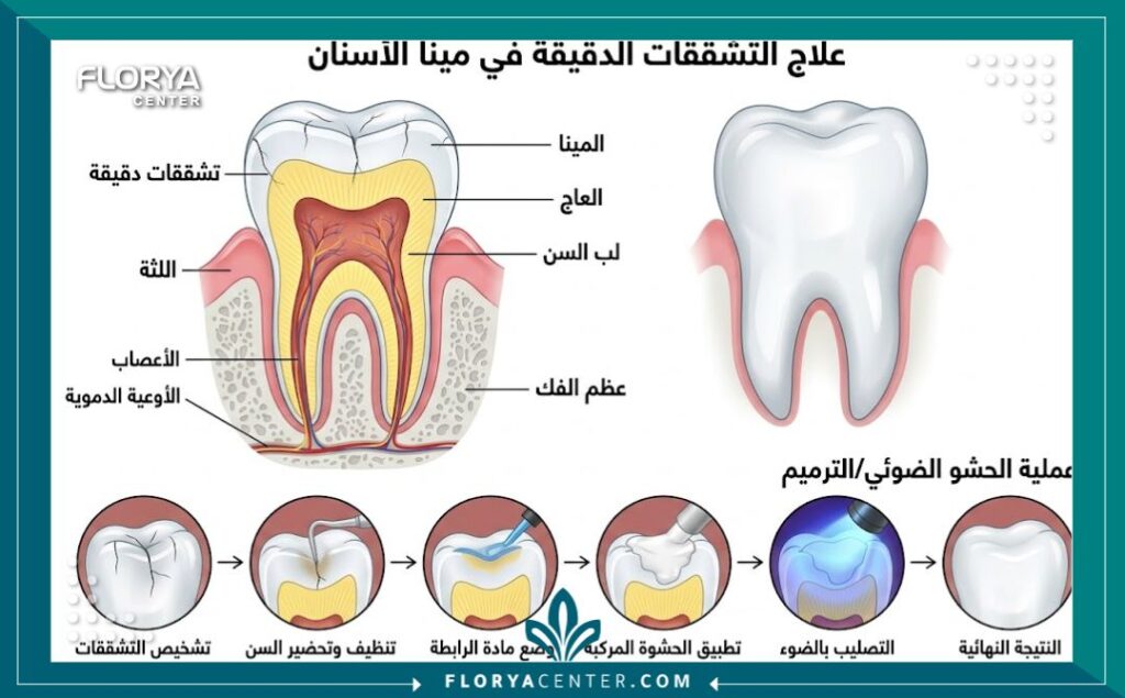 علاج تشققات الاسنان في تركيا 2 رسم توضيحي طبي يوضح تشققات مينا الأسنان الدقيقة وكيفية حمايتها من الانكسار والتحسس.