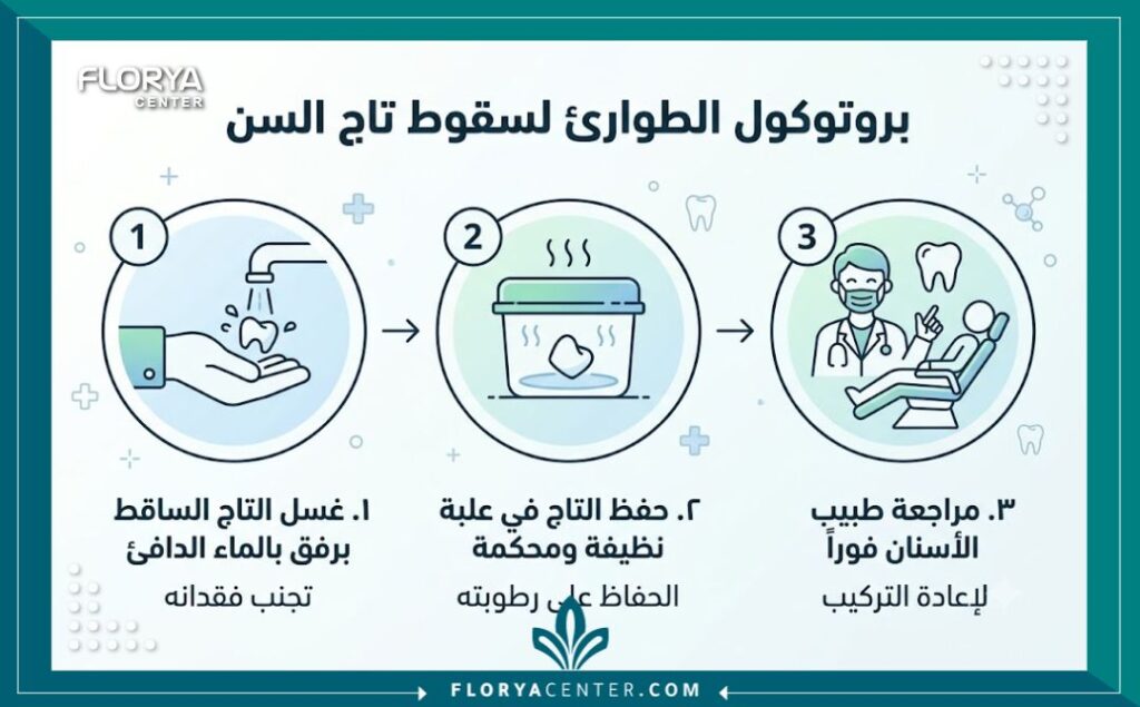 إنفوجرافيك يوضح خطوات الإسعافات الأولية التي يجب اتخاذها فوراً كجزء من علاج سقوط تلبيسة السن.