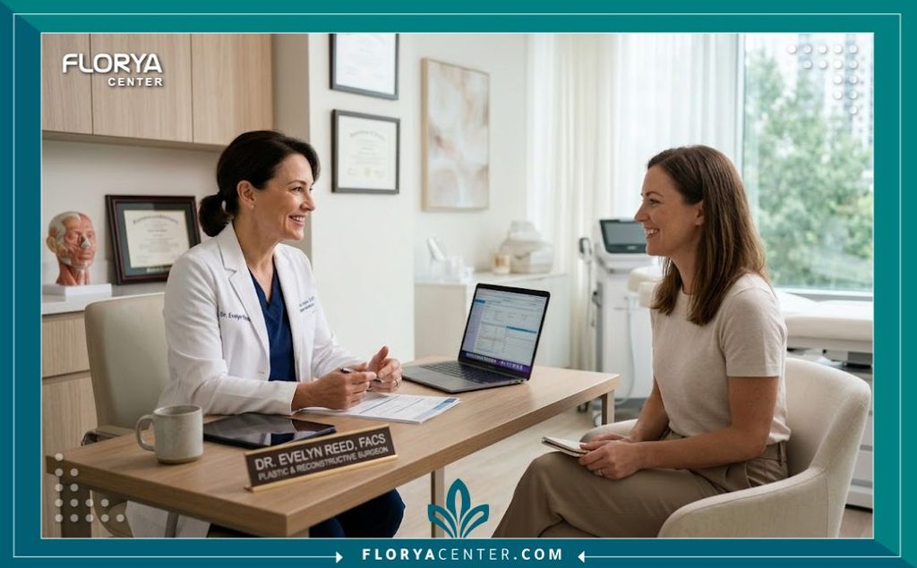 استشارة طبية مع جراح تجميل متخصص في عيادة حديثة للتحضير لعملية المامي ميك أوفر واستعادة قوام ما قبل الحمل.