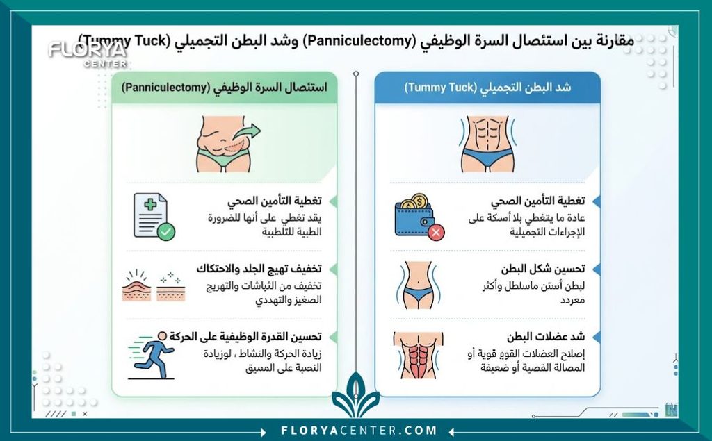 عملية استئصال السبلة الشحمية 3 إنفوجرافيك يوضح الفرق بين استئصال السبلة الشحمية الوظيفي وتغطية التأمين الصحي مقارنة بشد البطن التجميلي.
