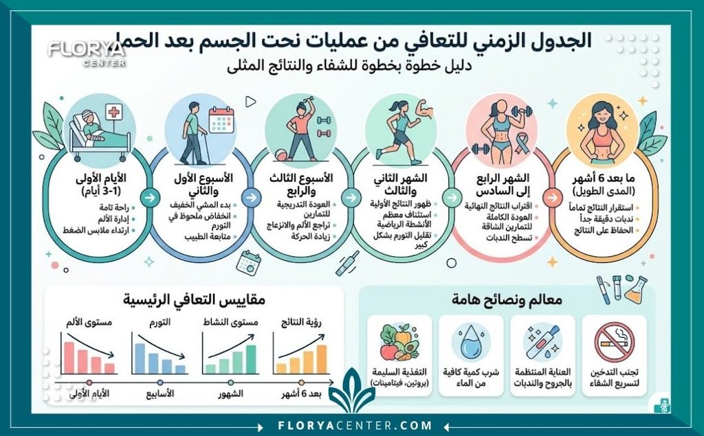 إنفوجرافيك يوضح مراحل التعافي وخطوات إجراء عملية استعادة قوام ما قبل الحمل وتنسيق القوام.