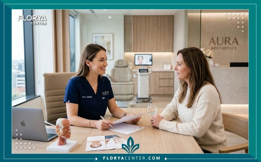 طبيبة جراحة تجميل محترفة داخل عيادة حديثة ومجهزة لإجراء عمليات المامي ميك أوفر واستعادة قوام ما قبل الحمل.