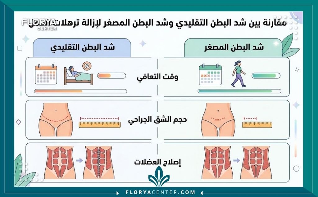 عملية التخلص من "بطن الأمومة" 3 إنفوجرافيك يقارن بين عملية شد البطن المصغرة والكاملة لعلاج ترهلات ما بعد الولادة وفترة التعافي لكل منهما.