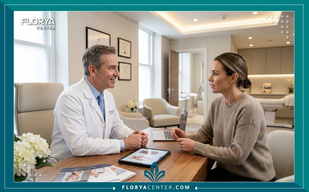 عملية الحزام الدائري لشد الجسم 4 استشارة طبية مع جراح تجميل متخصص قبل إجراء عملية الشد الحزامي للجسم في عيادة مجهزة وحديثة.