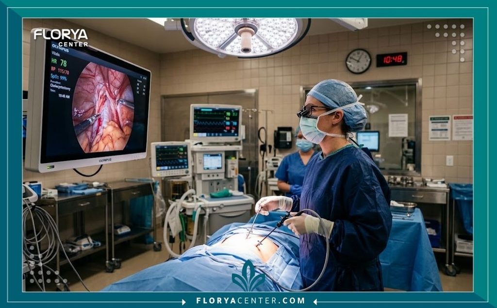 غرفة عمليات جراحية حديثة مجهزة بأحدث تقنيات المنظار لإجراء عملية شد عضلات البطن.