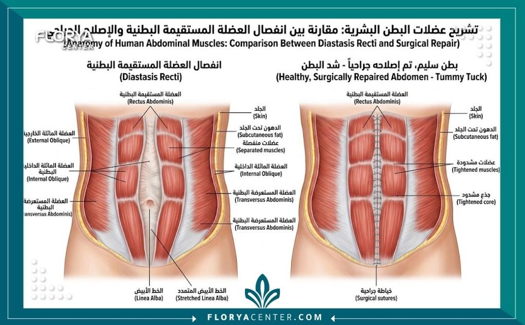 رسم توضيحي طبي يبين الفرق بين البطن الطبيعي وحالة الانفصال العضلي قبل عملية تثبيت العضلات المرتخية.