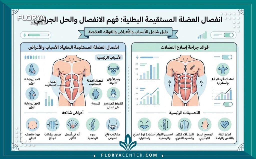 إنفوجرافيك يشرح أسباب الانفصال العضلي وخطوات جراحة تثبيت العضلات المرتخية لشد البطن.