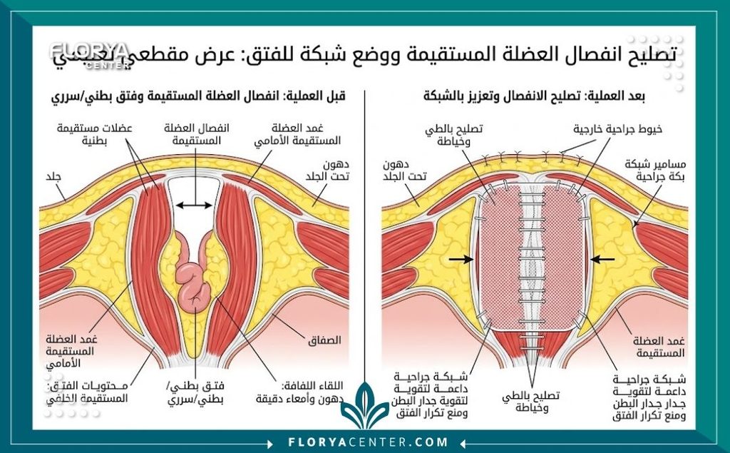 رسم توضيحي طبي يشرح تشريح جدار البطن وكيفية إصلاح الانفصال العضلي والفتق باستخدام الشبكة الجراحية.