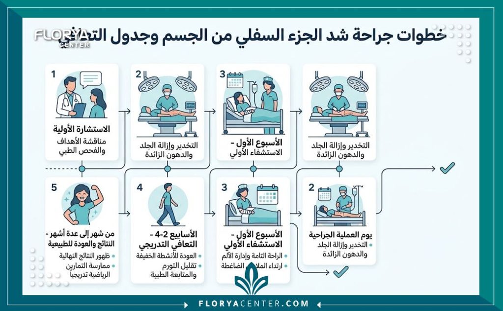 عملية شد الأطراف السفلية 3 إنفوجرافيك يوضح خطوات ومراحل التعافي من جراحة شد الأطراف السفلية وتنسيق القوام.