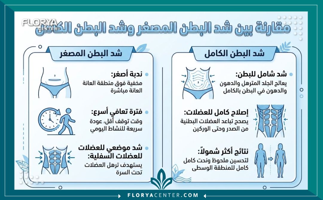 عملية شد البطن المصغرة مع إصلاح العضلات 3 إنفوجرافيك يقارن بين عملية شد البطن المصغرة والكاملة، يوضح صغر حجم الندبة وسرعة فترة التعافي.