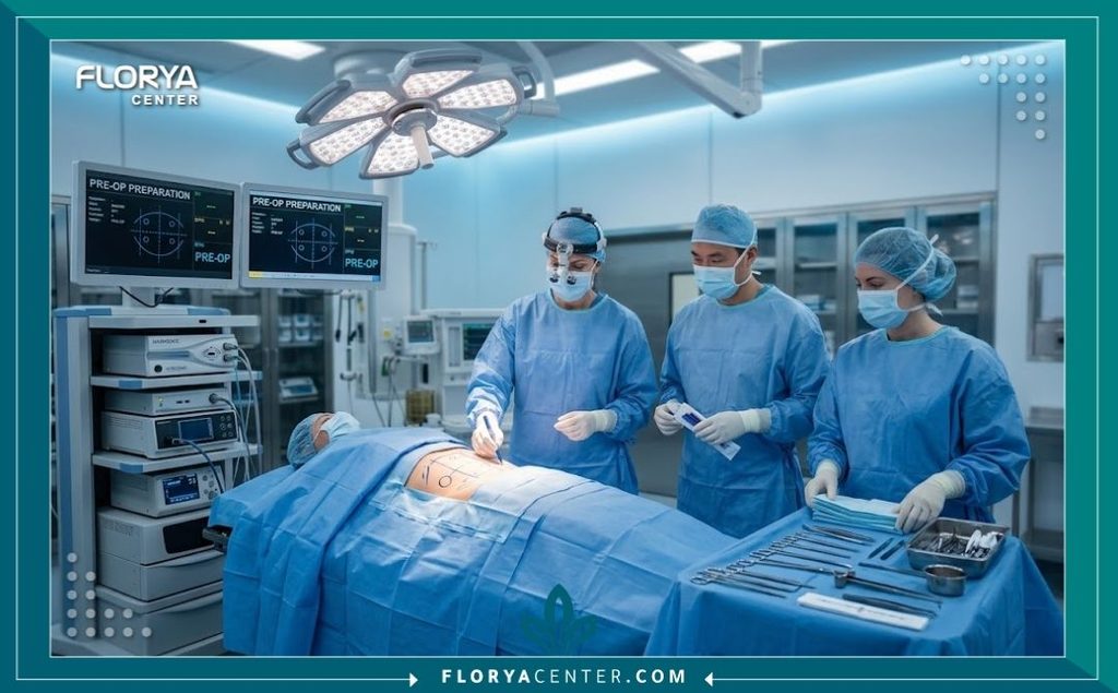غرفة عمليات حديثة ومجهزة بأعلى التقنيات لإجراء جراحات تجميل الجسم وشد الأرداف بأمان تام.