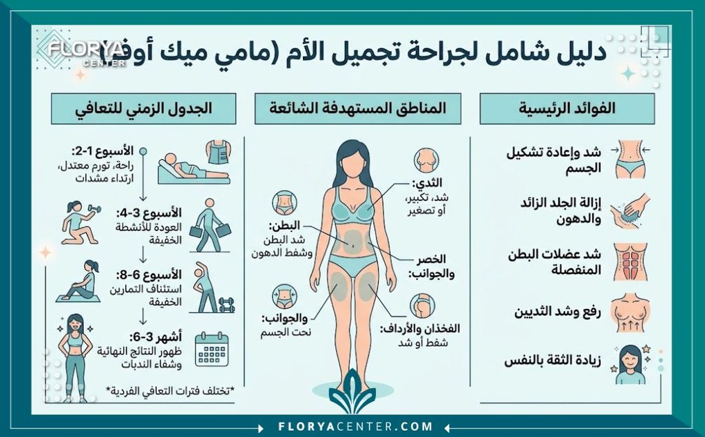 إنفوجرافيك يوضح فترة النقاهة وخطوات ومميزات عملية شد ورفع الثدي مع شد البطن.