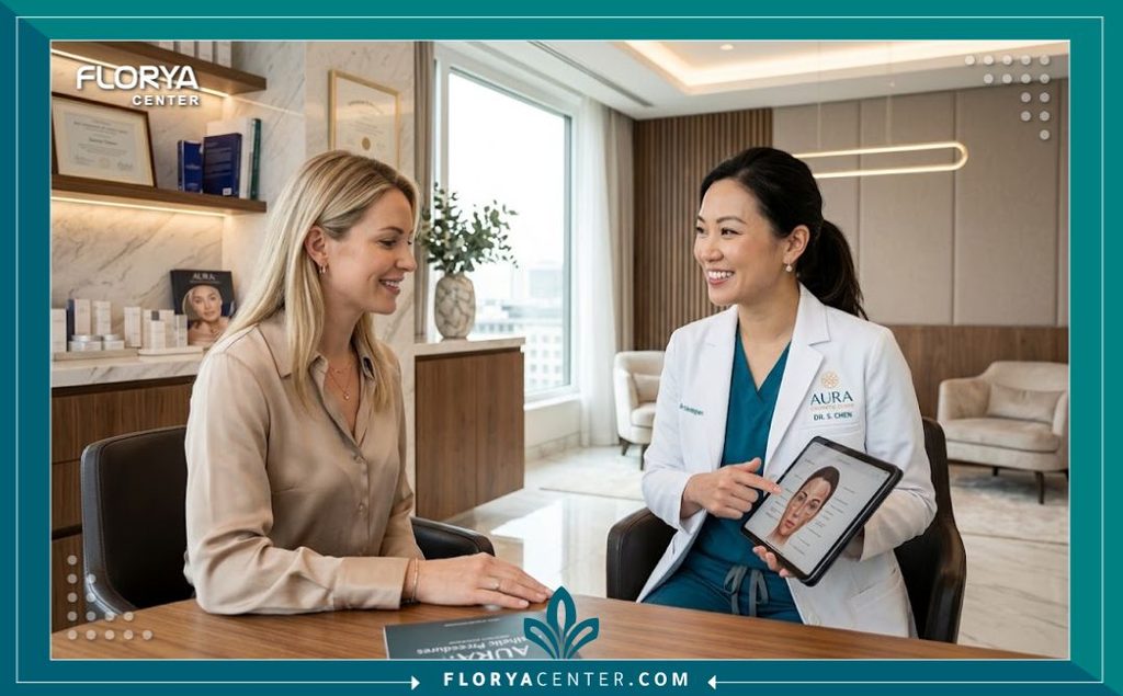 استشارة طبية داخل عيادة تجميل حديثة ومجهزة للتحضير لعملية المامي ميك أوفر في تركيا.