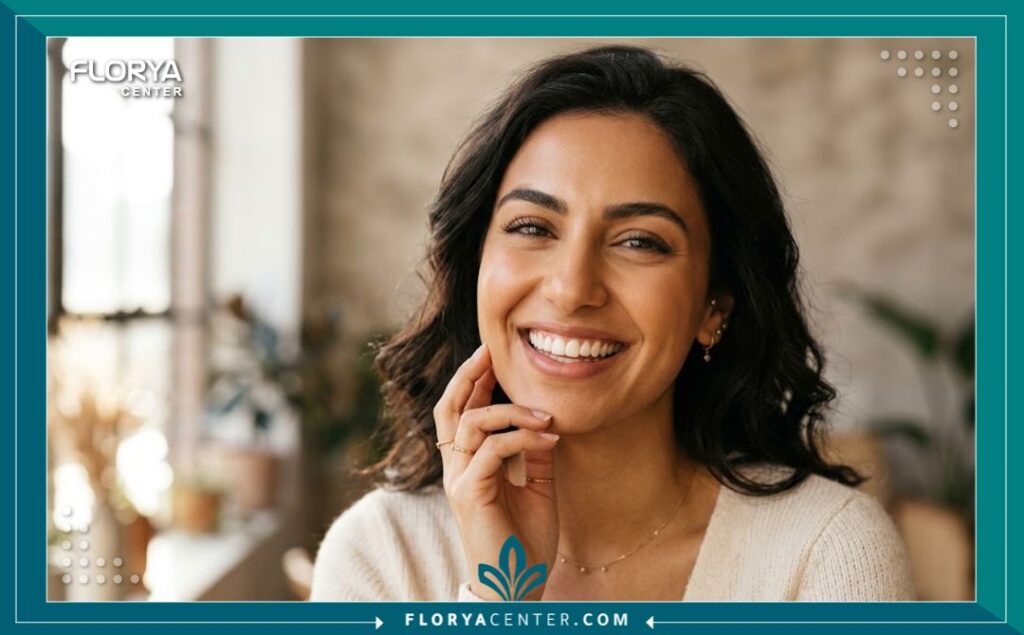 مريضة تشعر بالراحة والأمان مع ابتسامة مثالية بعد العلاج في أفضل مراكز الأسنان في تركيا.
