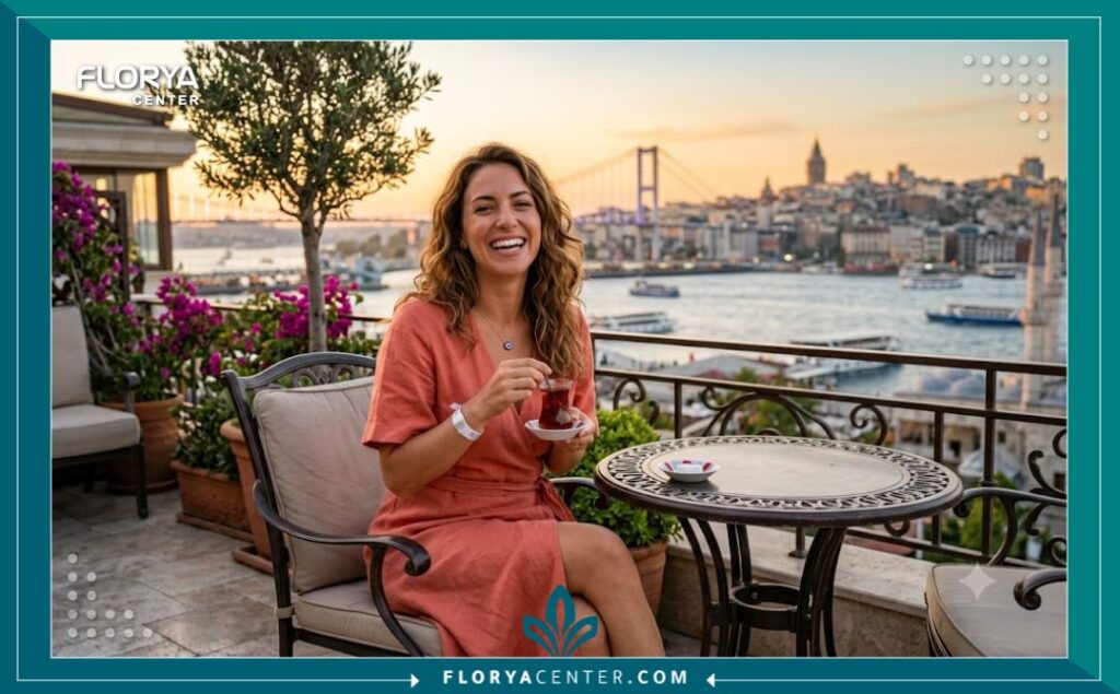 السياحة العلاجية في تركيا: مريض يتمتع بابتسامة رائعة وعطلة مريحة أمام مضيق البوسفور بعد علاج أسنانه بتكلفة موفرة.