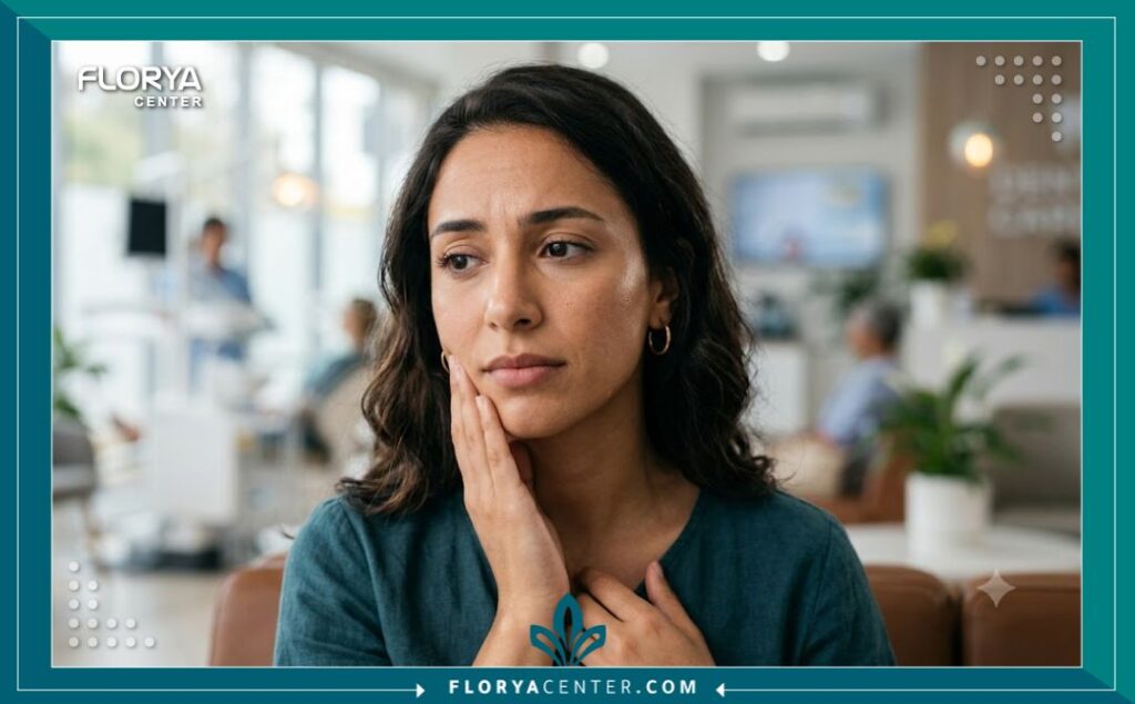 فشل زراعة الاسنان 5 مريضة تشعر بألم وتورم في الفك، وهي من الأعراض المبكرة التي قد تدل على فشل زراعة الأسنان.