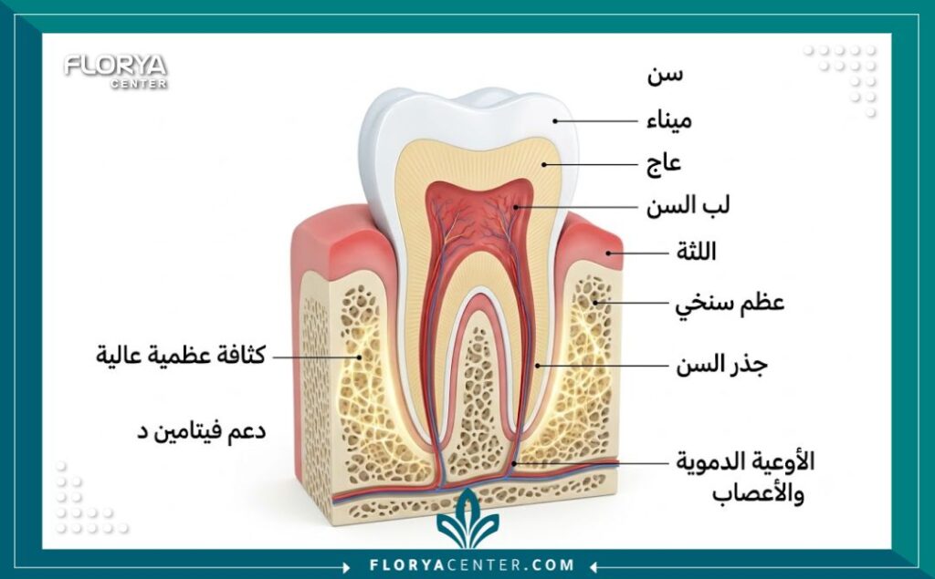 فيتامين د وصحة الاسنان 2 رسم توضيحي طبي يوضح تشريح السن وارتباط فيتامين د بكثافة العظم الداعم للأسنان لمنع تآكل الفك.