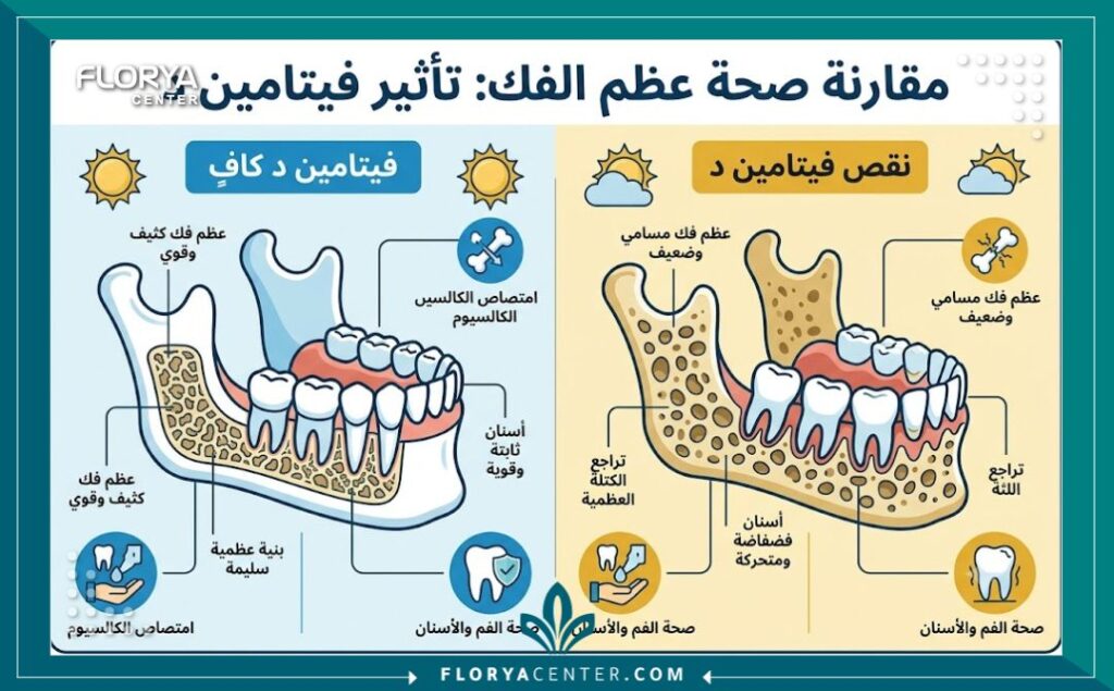 فيتامين د وصحة الاسنان 3 إنفوجرافيك يقارن بين كثافة عظم الفك السليم وتأثير نقص فيتامين د الذي يؤدي إلى ضعف العظام الداعمة وتخلخل الأسنان.