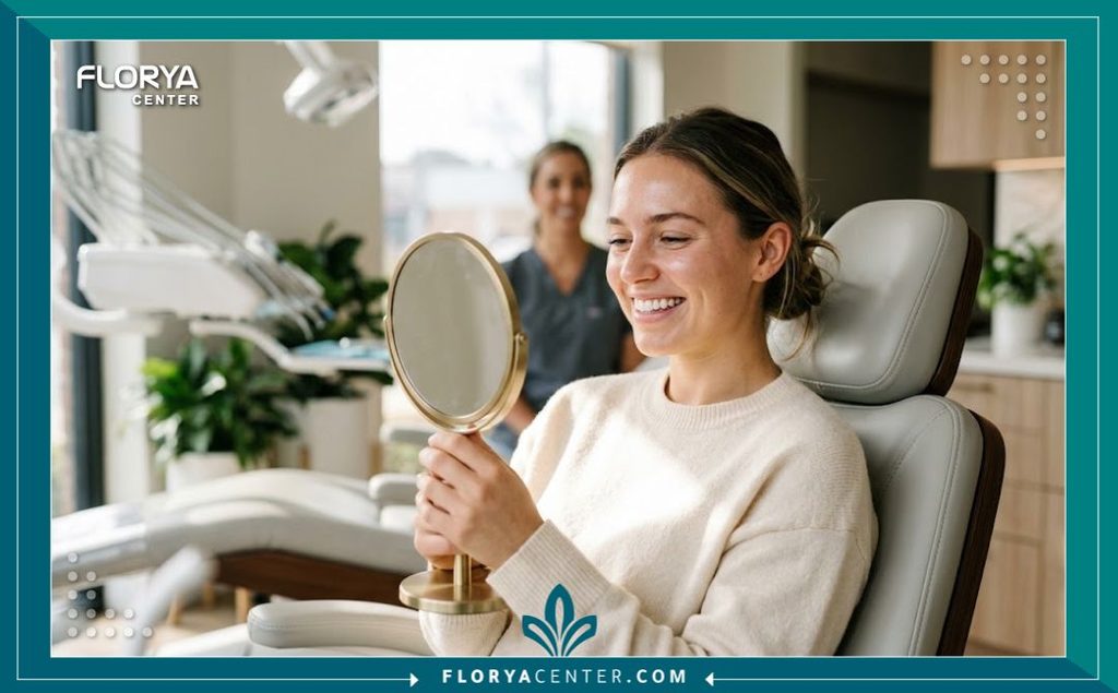 مريضة تنظر في المرآة بسعادة وثقة بعد الحصول على ابتسامة مثالية باستخدام فينير الايماكس.