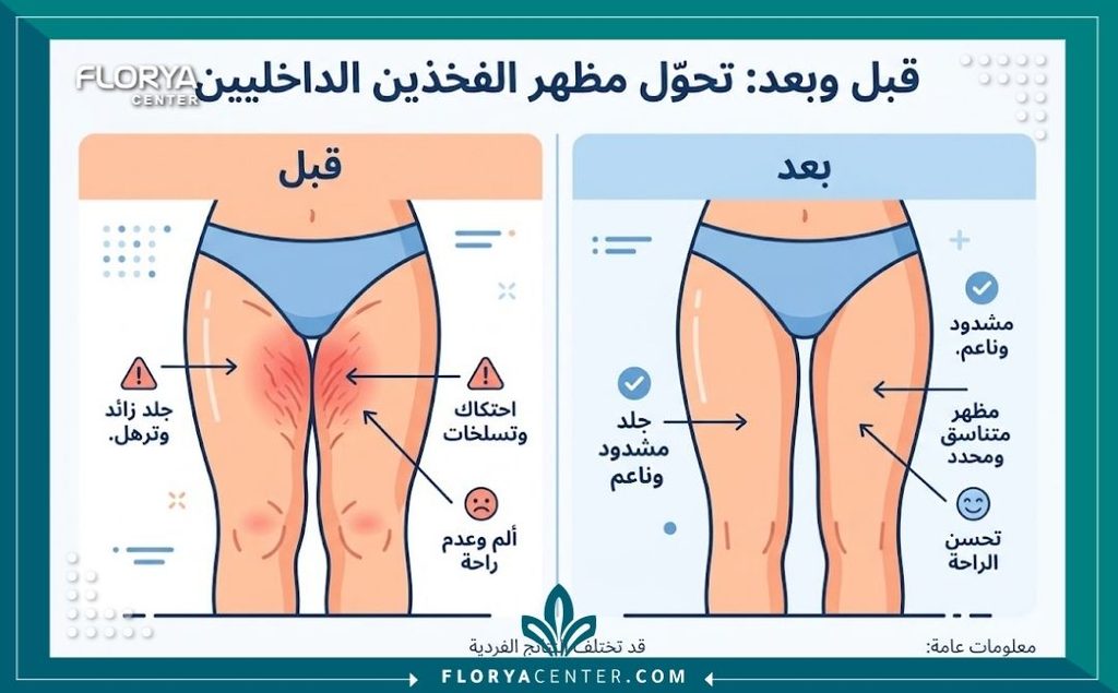 إنفوجرافيك يقارن بين شكل الساقين قبل وبعد عملية قص الجلد الزائد من الفخذين الداخليين لإنهاء ألم الاحتكاك.
