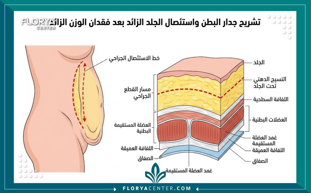 قص الجلد المترهل بعد الرجيم 2 رسم توضيحي طبي يوضح تشريح طبقات البطن وكيفية قص الجلد المترهل بعد الرجيم جراحياً.