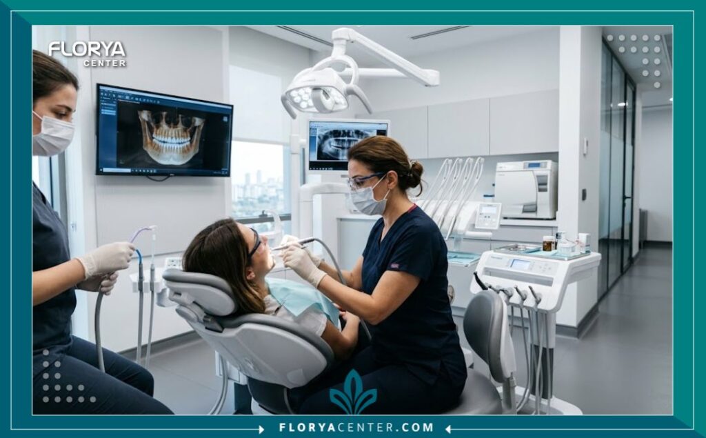 غرفة علاج مجهزة بأحدث التقنيات داخل عيادة أسنان متطورة في تركيا.