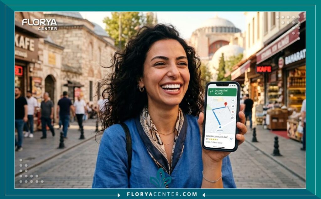 مريضة سعيدة بابتسامة ناصعة تستخدم الخرائط على هاتفها للوصول إلى لوكيشن عيادة اسنان في تركيا بسهولة.