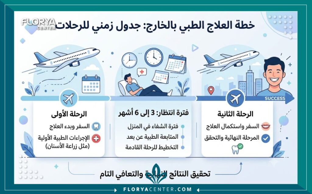 إنفوجرافيك يوضح الجدول الزمني الدقيق ومدة زراعة الاسنان في تركيا مقسمة على رحلتين بينهما 3 إلى 6 أشهر.