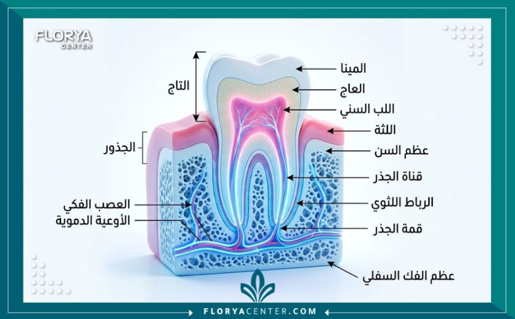 رسم توضيحي طبي ثلاثي الأبعاد لتشريح الأسنان والجذور يوضح تخصصات علاج العصب.