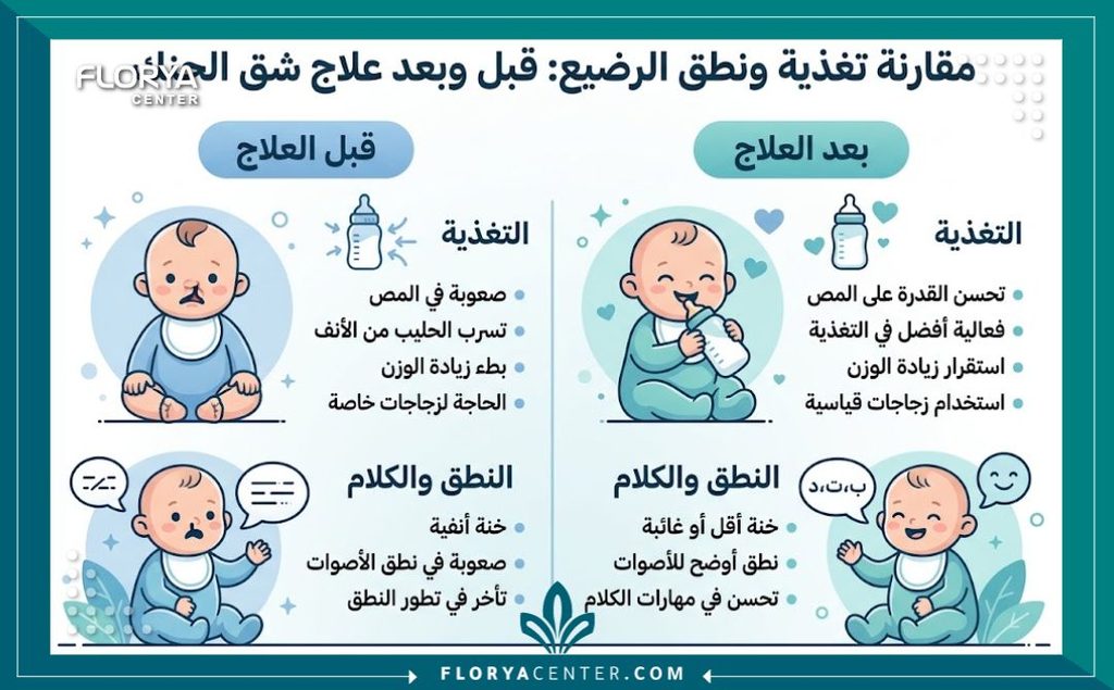إنفوجرافيك يقارن قدرات الطفل على الرضاعة والنطق السليم قبل وبعد علاج انشقاق سقف الحلق وتأثير الجراحة الإيجابي.