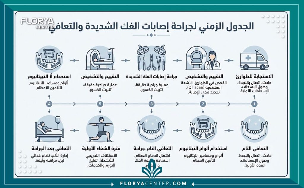 معالجة كسور الفك في تركيا 3 إنفوجرافيك يوضح مراحل الطوارئ الجراحية والتعافي من كسور الفك والوجه.