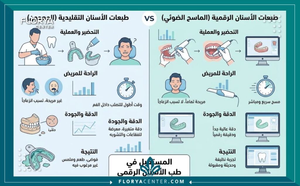 إنفوجرافيك يقارن بين مقاسات الاسنان التقليدية بالمعجون والمسح الرقمي ثلاثي الأبعاد.