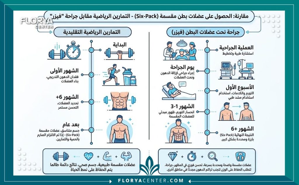 إنفوجرافيك يقارن بين نتائج التمارين الرياضية وعملية إبراز عضلات البطن السداسية للرجال.