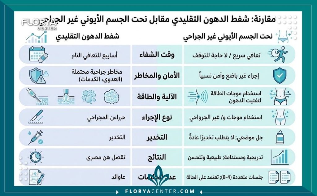 إنفوجرافيك يقارن بين شفط الدهون التقليدي ونحت الجسم الأيوني من حيث فترة النقاهة ومستوى الأمان.