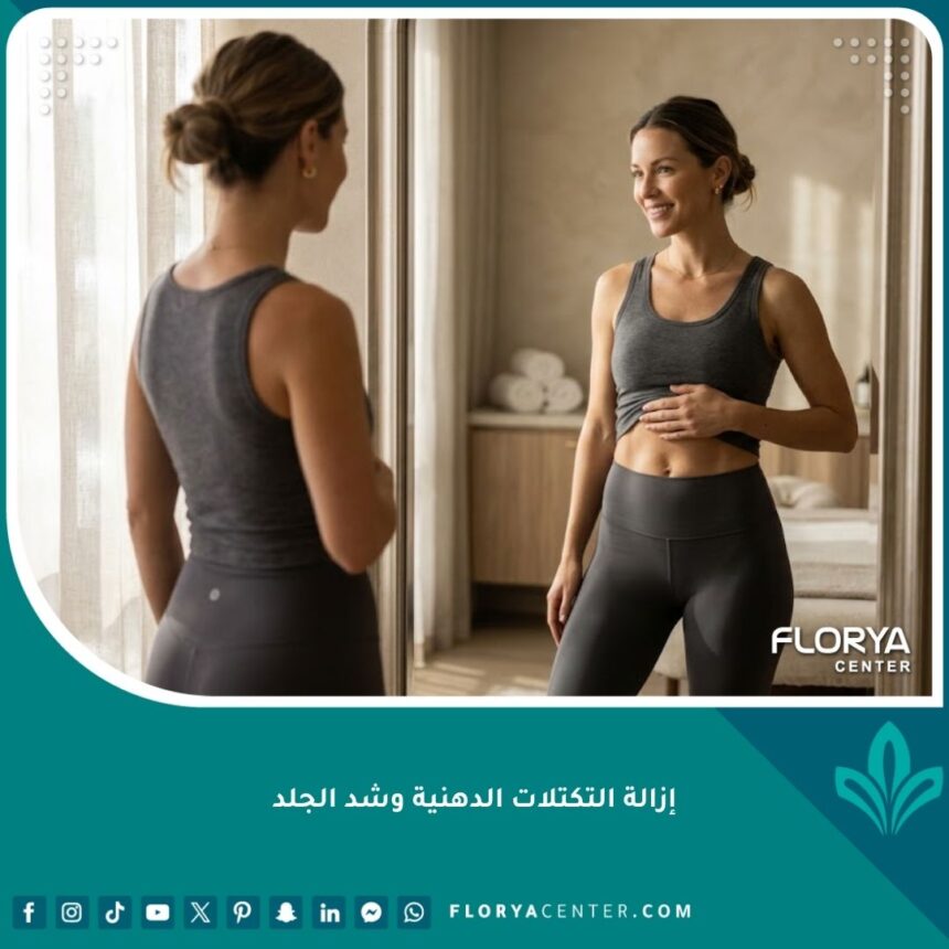امرأة تتمتع بقوام متناسق وبطن مشدود بعد عملية إزالة التكتلات الدهنية وشد الجلد.