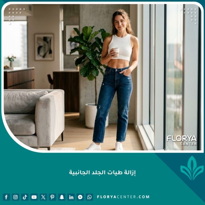 امرأة تتمتع بخصر مشدود وقوام رشيق بعد عملية إزالة طيات الجلد الجانبية والتخلص من دهون الخواصر.