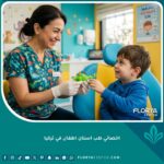 أفضل اخصائي طب أسنان أطفال في تركيا يعتني بأسنان طفل بابتسامة دافئة داخل عيادة حديثة.