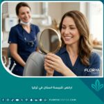 مريض يبتسم بسعادة في عيادة أسنان بعد حصوله على ارخص تلبيسة اسنان في تركيا.
