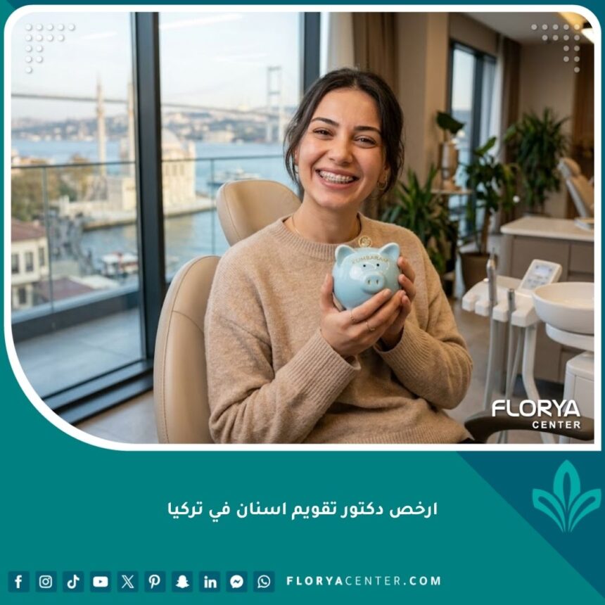 ارخص دكتور تقويم اسنان في تركيا 1 فتاة تبتسم بسعادة مع تقويم أسنان وحصالة نقود، تعبيراً عن التوفير عند اختيار ارخص دكتور تقويم اسنان في تركيا.