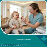 طبيب أسنان أطفال يبتسم أثناء فحص طفل بأمان قبل عملية استئصال لجام اللسان.