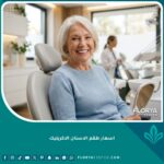 مريضة مسنة سعيدة بابتسامة طبيعية بعد الحصول على أفضل اسعار طقم الاسنان الاكريليك